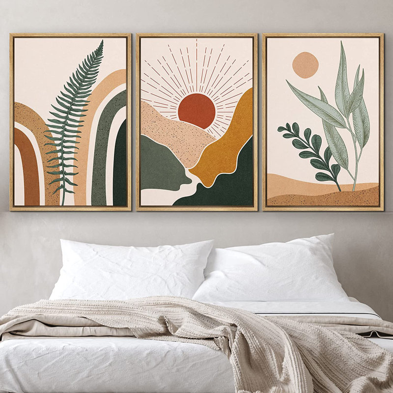 Mid Century Modern Boho Sun Forest Plant - 3 Piece Floater Frame Graphic Art Set on Canvas, 24" H x 48" W x 1.5" D, Natural