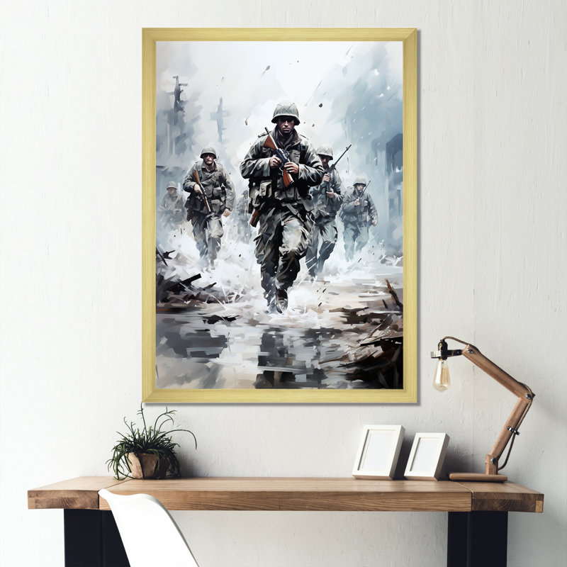 Army D Day Invasion II - Art mural militaire, H 44 po x l 34 po x P 1,5 po, Cadre doré simple