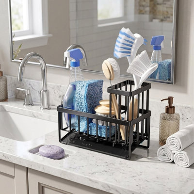 Kitchen Sink Sponge Holder, Stainless Steel Sink Caddy With Auto-drain Tray And Brush Holder, Rustproof Countertop Organization Rack