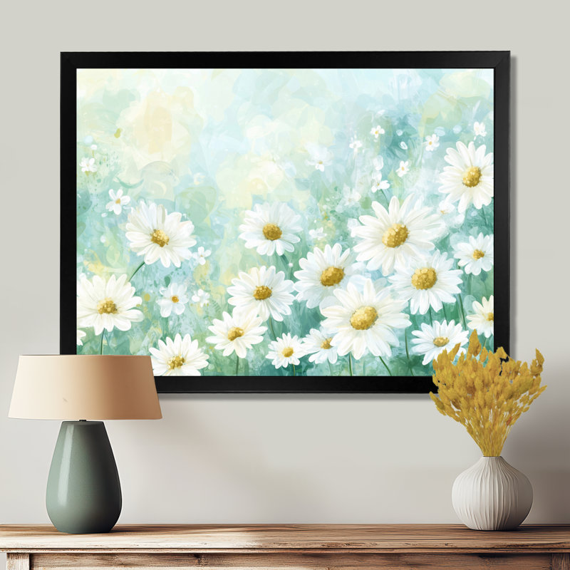 Daisy Field Charm In Summer II - Daisy Wall Art Living Room, 16" H x 32" W, Picture Framed Print, Noir