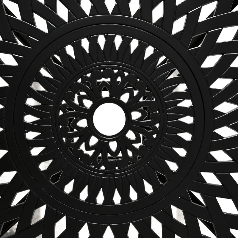 Table de salle à manger ronde de 76 cm (30 po) avec trou pour parasol, en aluminium moulé antique noir. Structure robuste et plateau stable. Parfait pour les repas en extérieur.
