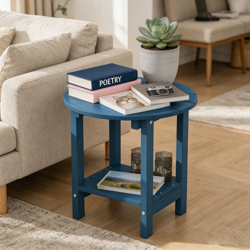 Table de bout ronde 18 po Adirondack pour terrasse avec tablette de rangement 2 niveaux Adirondack en plastique pour patio, cour ou balcon, bleu marine