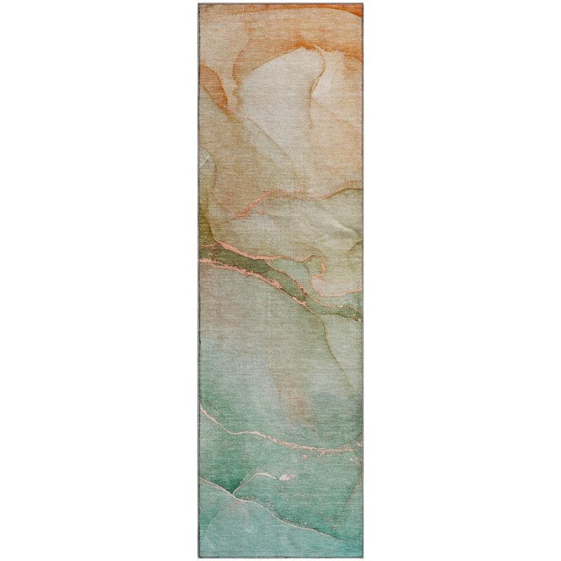 Premium Machine Washable Cerrito AMF508 Teal Rug, Runner 2'3" x 7'6"