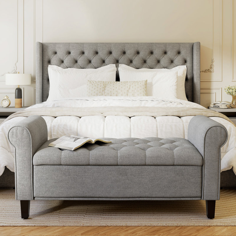 50 Inches Storage Ottoman, End Of Bed Bench With Rolled Arms, Wood Legs, Button Tufted Storage Bench, Gray, Gray