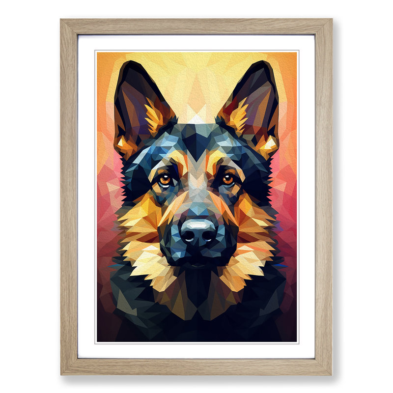 German Shepherd Geometric No.2 - Single Picture Frame Print on Wood, Oak, 34cm H x 25cm W x 2cm D