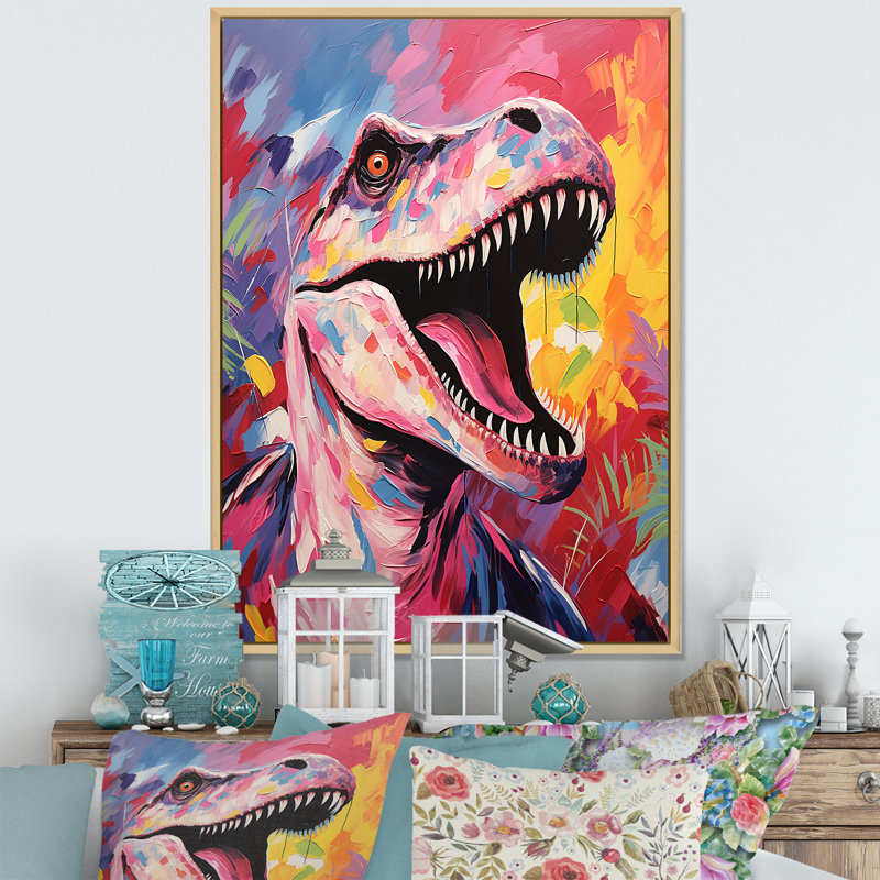 Popart Dino Elegance - dinosaure, art mural, Cadre flottant brun, H 32 po x l 16 po x P 1 po