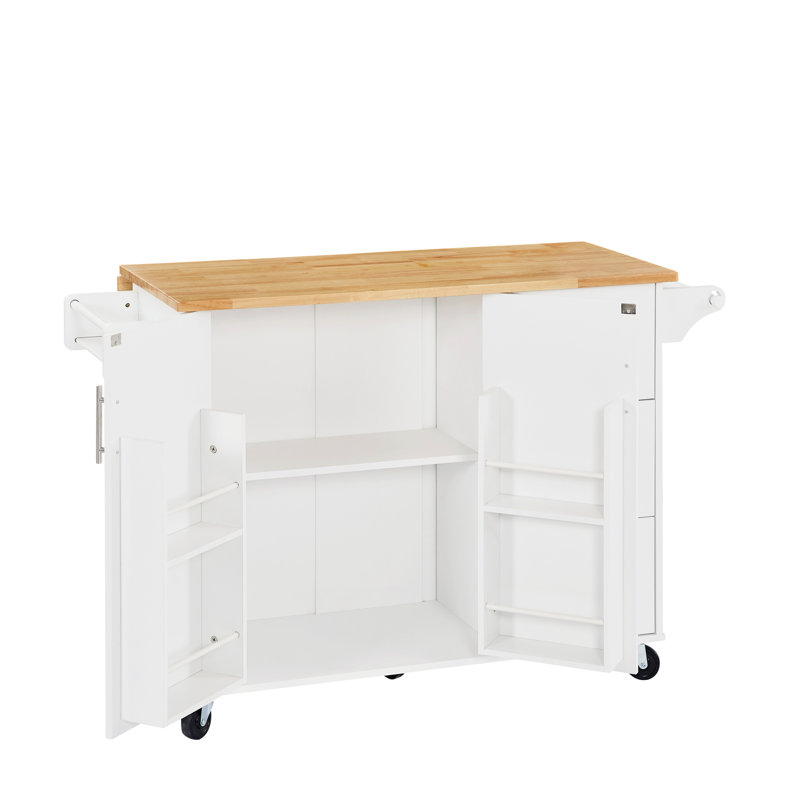 Chariot pour îlot de cuisine avec tablettes amovibles et 2 verrouillables, abattant de table blanc, armoire de rangement, mobilité douce