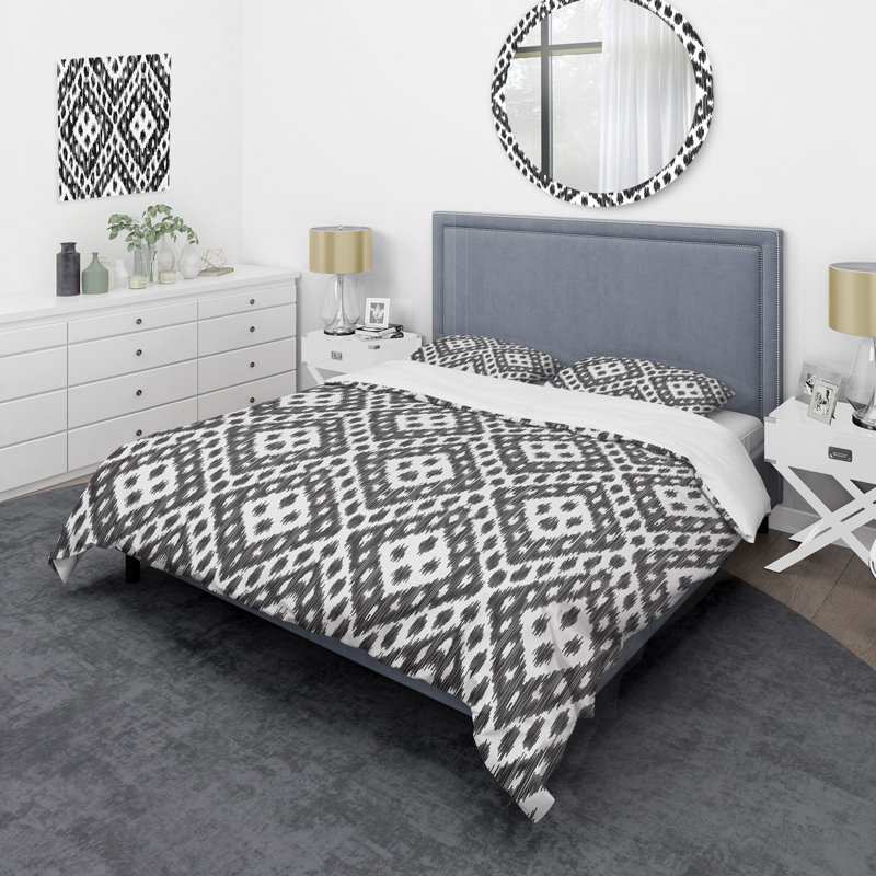 White and Grey Ikat Pattern - Abstract Duvet Cover Set - Microfiber Polyester, Twin Duvet Cover + 1 Standard Sham