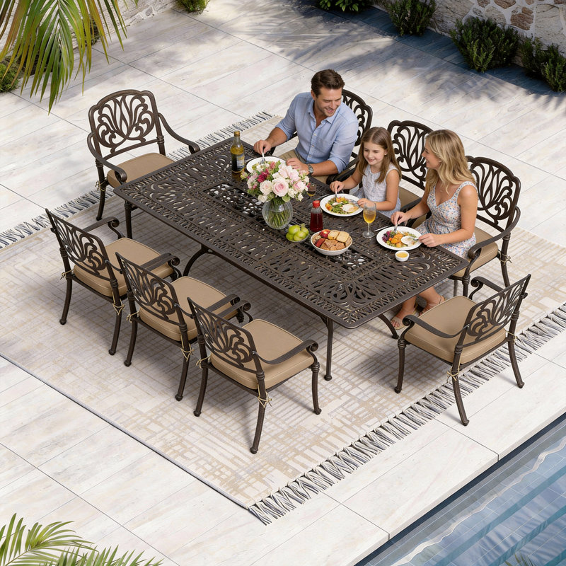 Afat 8 - Person Patio Dining Set with Rectangular Table , Cushions Included, Khaki