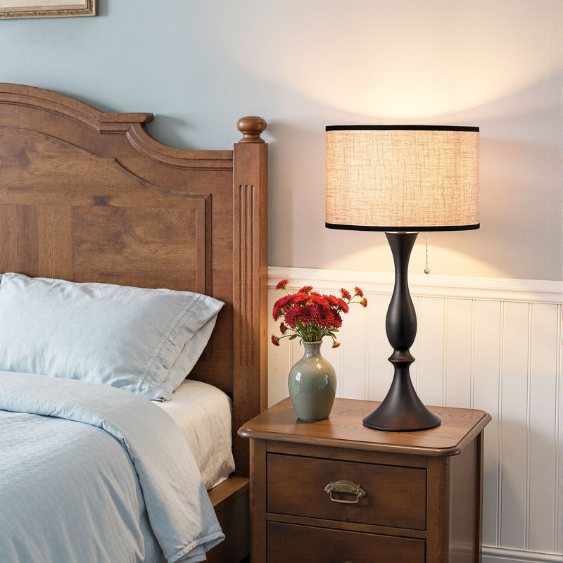Black Metal Table Lamp With Linen Shade, 27-Inch Hepburn Vintage Style With Pull Chain (2 packs)