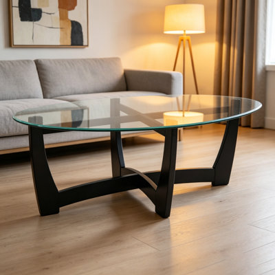 48 Inch Oval Glass Coffee Table, Black Round Coffee Table Center Table With Glass Top, Small Coffee Table For Living Room, Office And Apartment