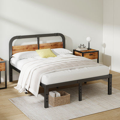 Lit plateforme en métal noir Amylia avec tête de lit en bois massif de 40 po, rangement sous le lit, support silencieux, aucun sommier requis