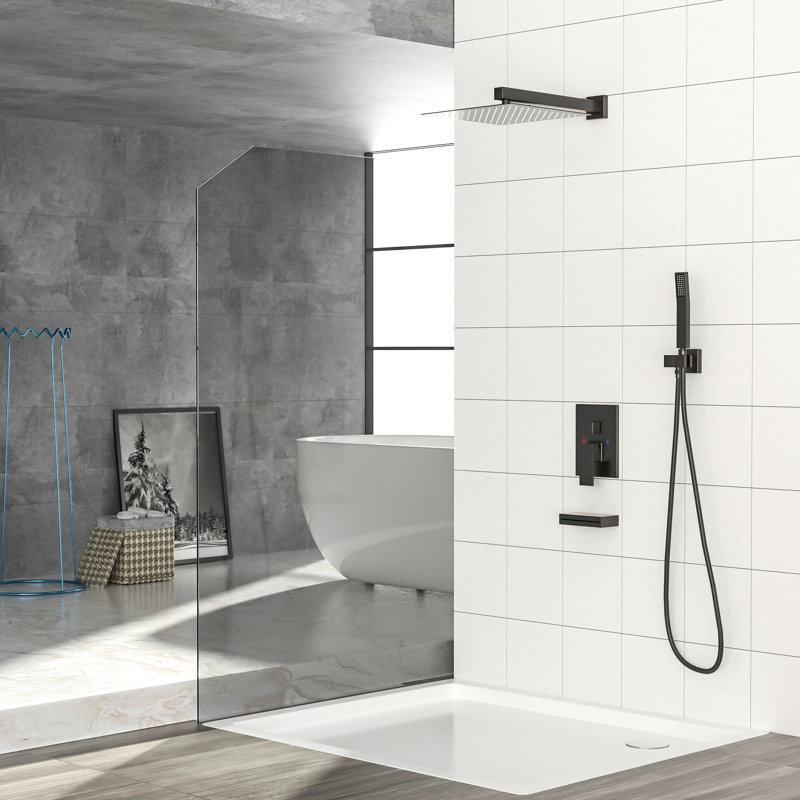 Oil-Rubbed Bronze Shower System - Waterfall Tub Spout, 12" Square Rainfall Head, Handheld, -Balanced, With Spout 12 Inch Oil Rubber Bronze, -Balanced Valve