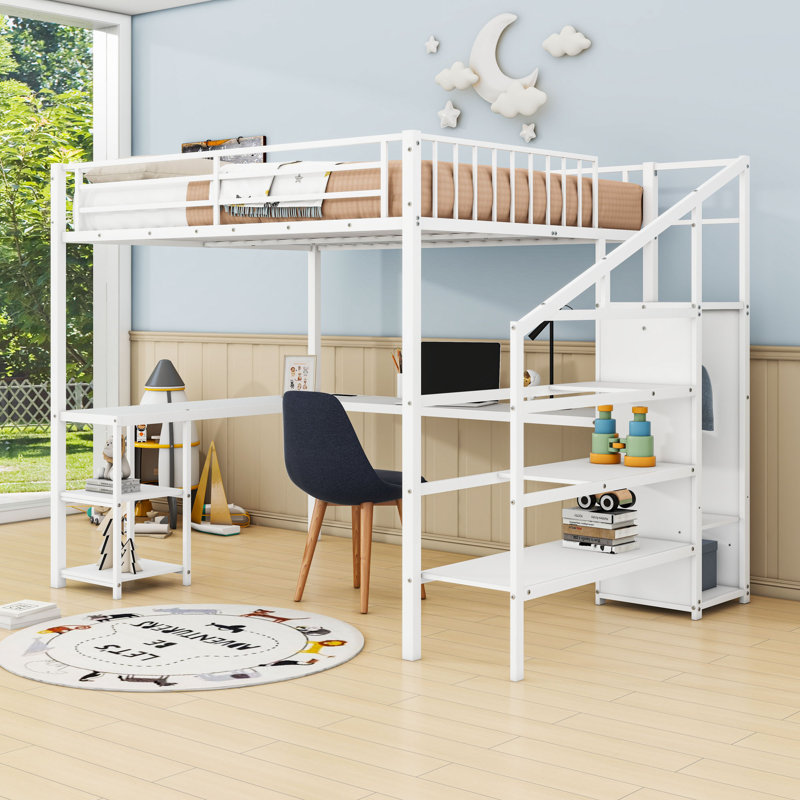 Queen Metal Loft Bed With LED Light, Wardrobe, L-Shaped Desk And Charging Station