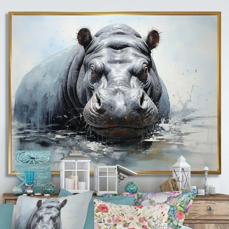 Minimalisme gris hippopotame sur toile, H 30 po x l 40 po x P 1,5 po, Cadre flottant doré