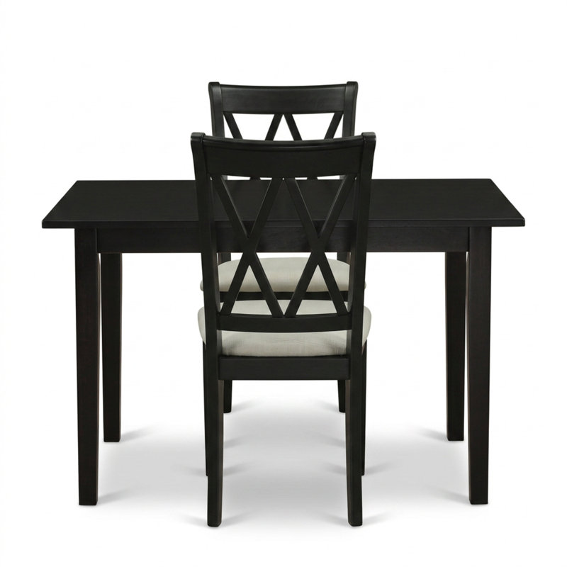Ensemble de cuisine rectangulaire 3 pièces en bois asiatique fini noir avec rallonge papillon et 2 chaises en lin