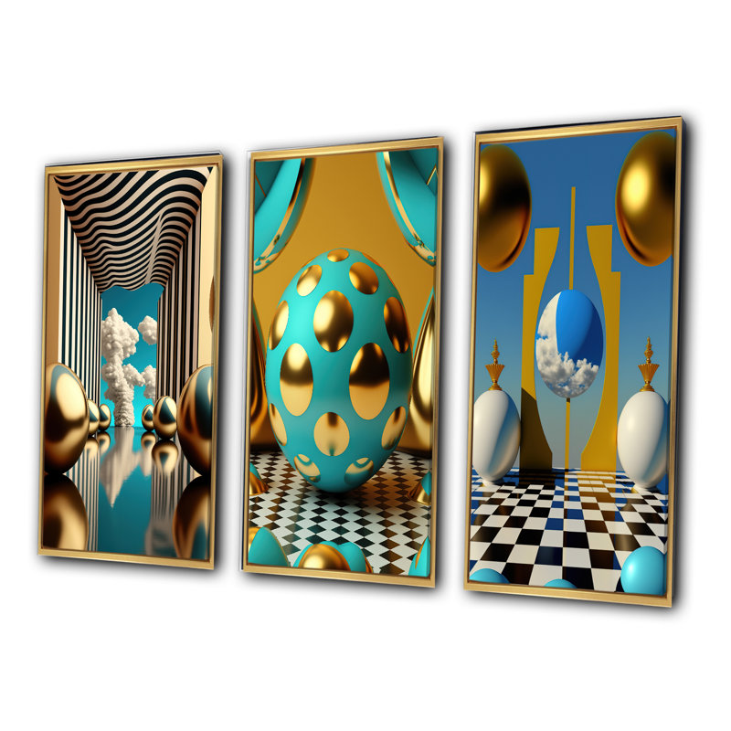 «Golden Spheres Infinity», 3 pièces sur toile, Or, H 40 po x l 60 po