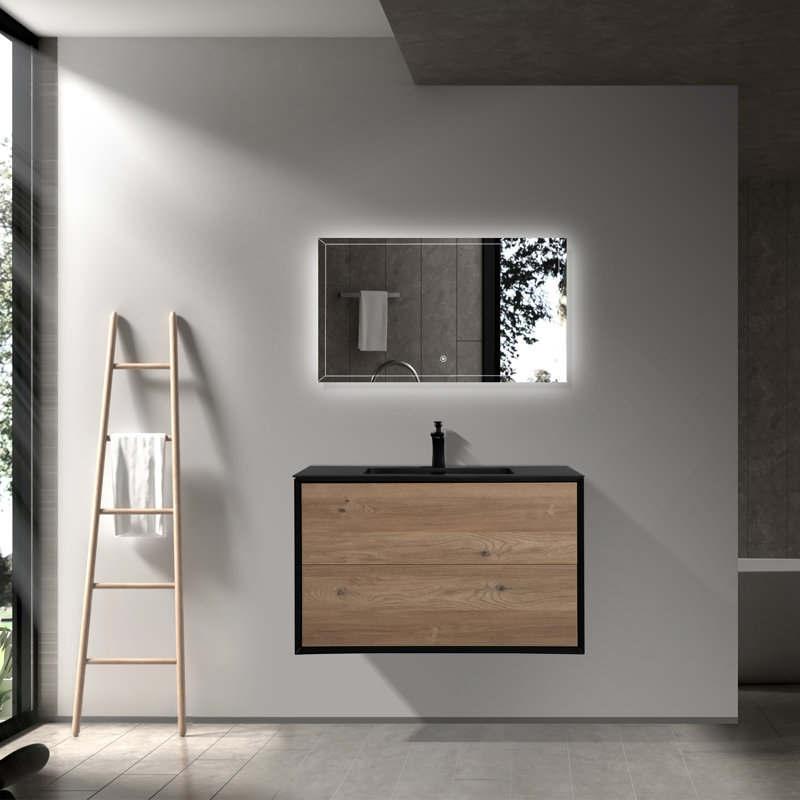 Danyall 36 po L x 19 po P 2 tiroirs Meuble-lavabo avec évier simple et Comptoir en Quartz noir d'ingénierie