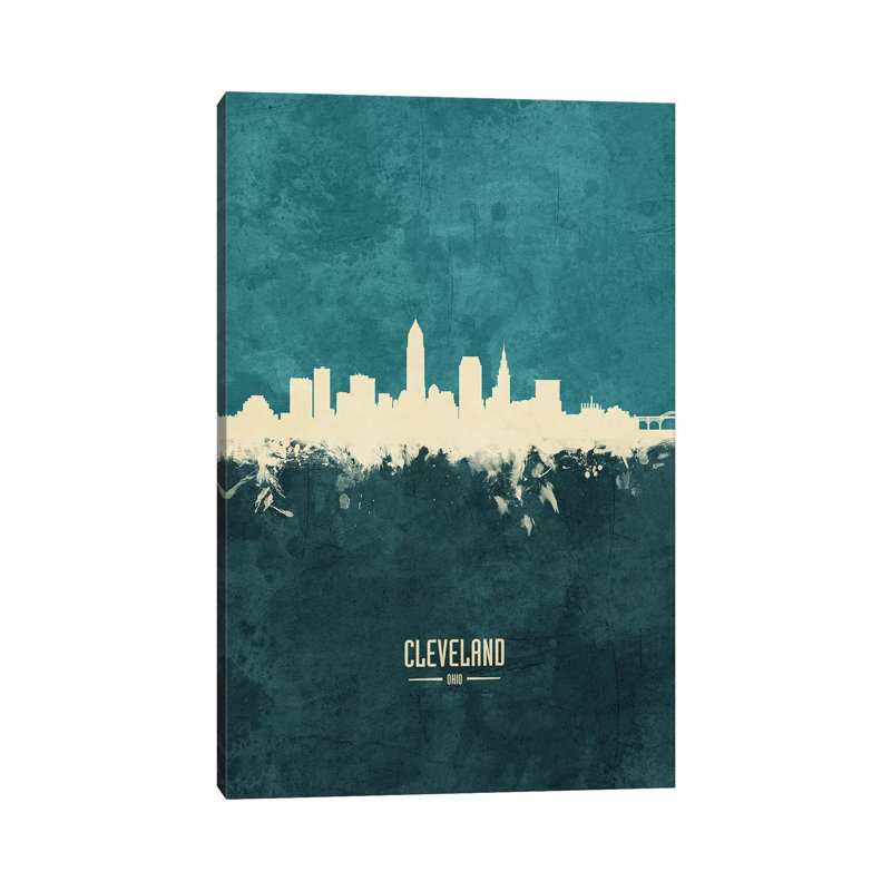 «Cleveland Ohio Skyline» par Michael Tompsett - peinture sur toile tendue, H 26 po x l 18 po x 1,5 po