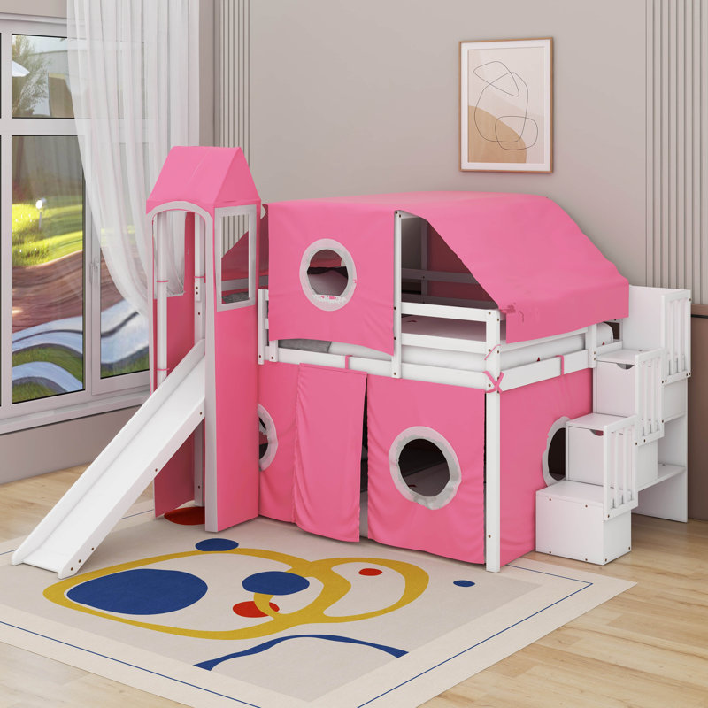 Lit mezzanine double avec tente et tour, Rose