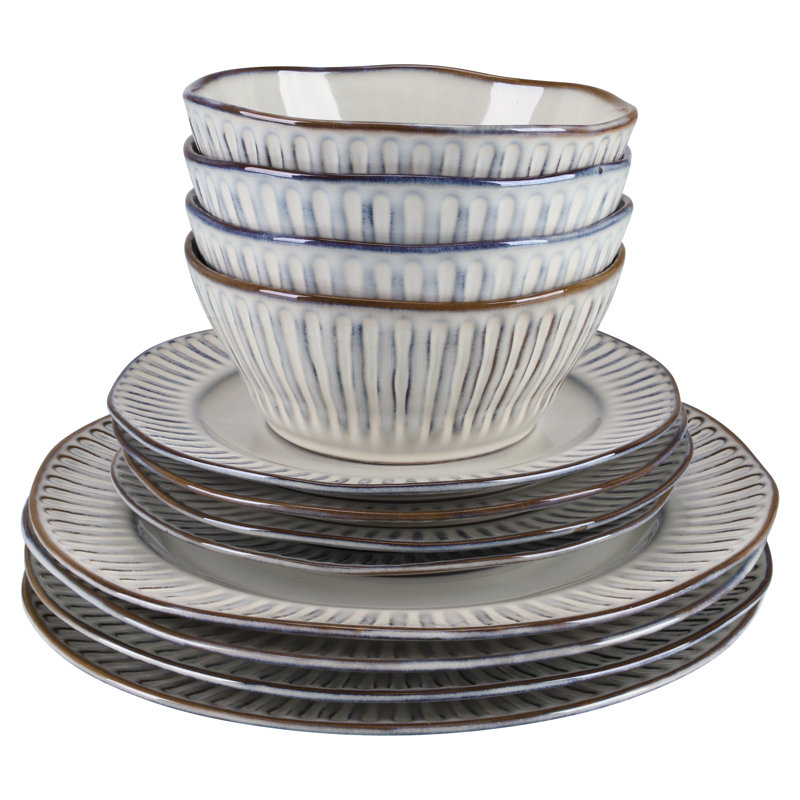 White Ceramic 12-Piece Dinnerware Set with Textured Design
