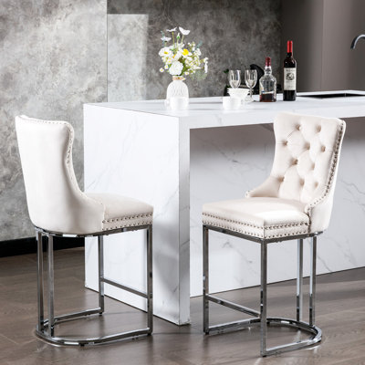 26" Counter Height Bar Stools Of 2. Modern Velvet Button Back&rivet Trim Stools. Base. Spring Cushion. Beige. For Kitchen Island And Dining 2 Stools, Beige With Back & Rivet Trim, Chromed Metal Base