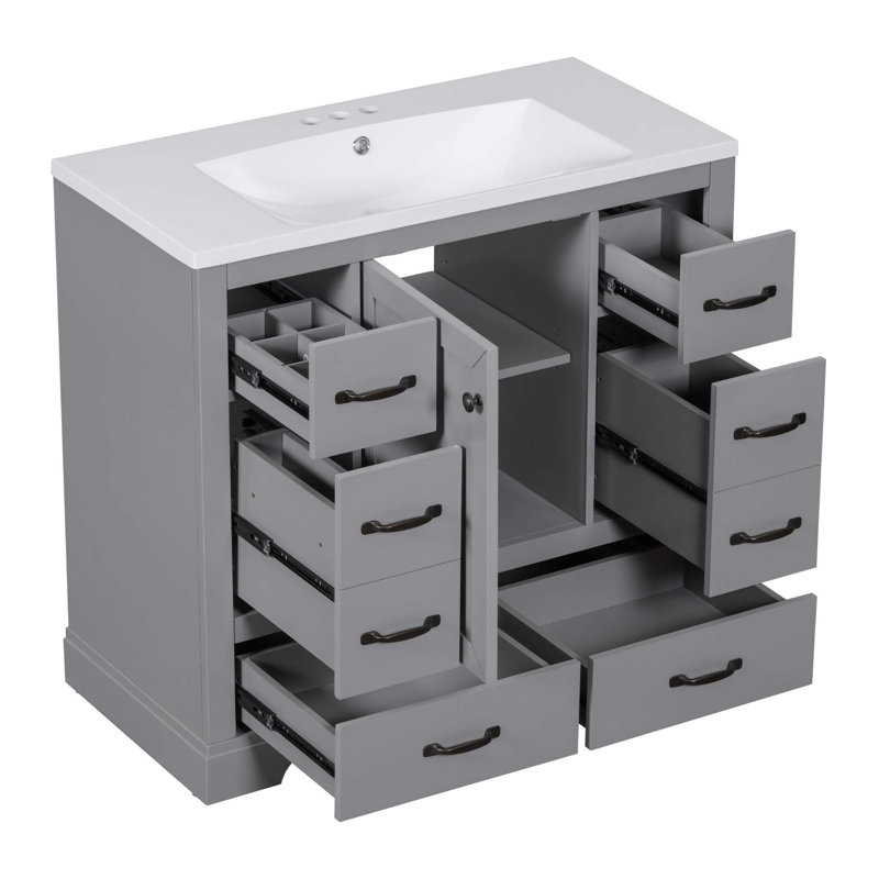 Meuble-lavabo 36 po avec lavabo 36 po, 6 tiroirs, diviseur de tiroir multifonctionnel, tablette réglable, Gris