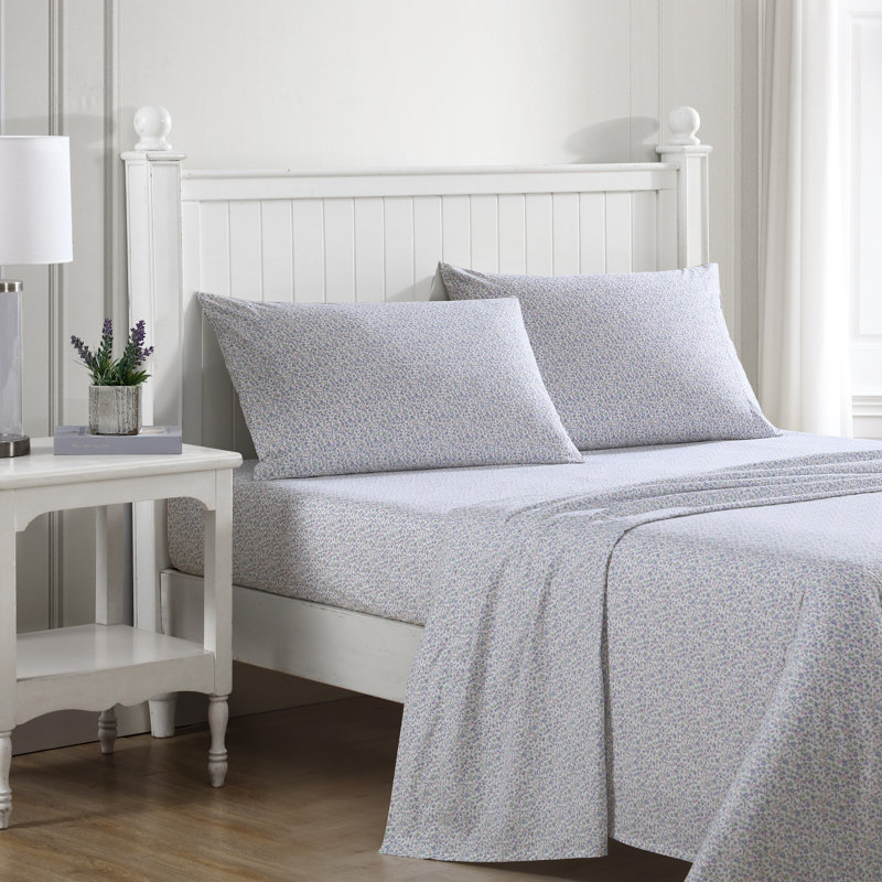 King White Cotton Percale Sheet Set with Floral Print
