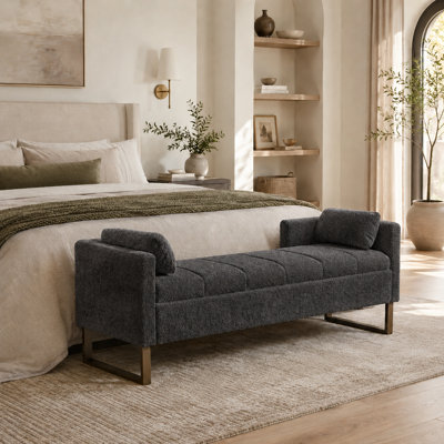 Modern Minimalist Tufted Flip-Top Storage Bench with Armrests and Pillows for Bedroom and Entryway