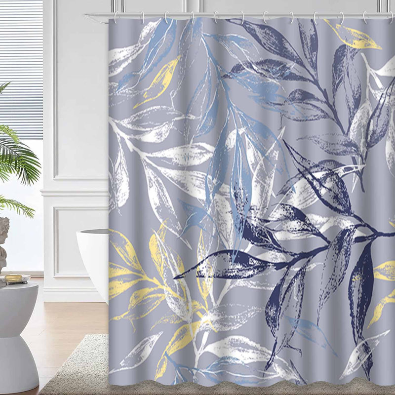 Leaves Watercolor Floral Blue Shower Curtain with 12 Hooks, 72" L x 72" W