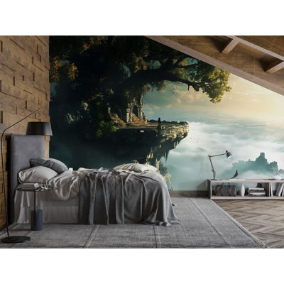 Murale fantaisiste, ruines de falaises - papier peint paysage d'arbre enchanté, décor de chambre d'aventure pour enfants Vn868 (Peel-N-Stick) VN868