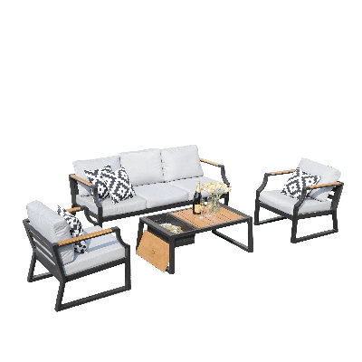 4-Piece Patio Conversation Set With 3-Seater Sofa, 2 Single Sofas, Coffee Table With Ice Bucket In Black