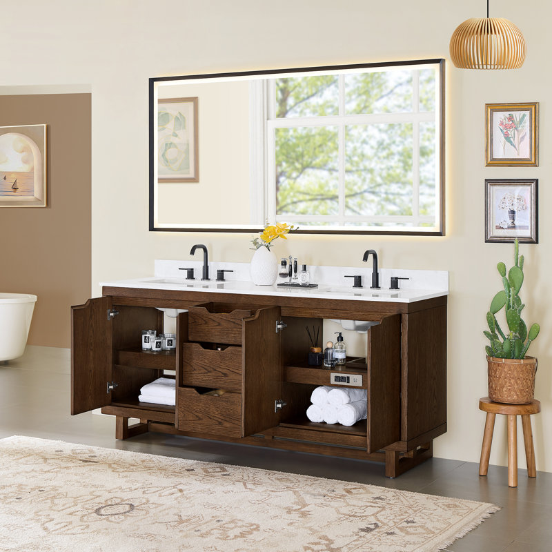 Meuble-lavabo double 72 po en chêne brossé brun avec grain de pierre blanc Mowry