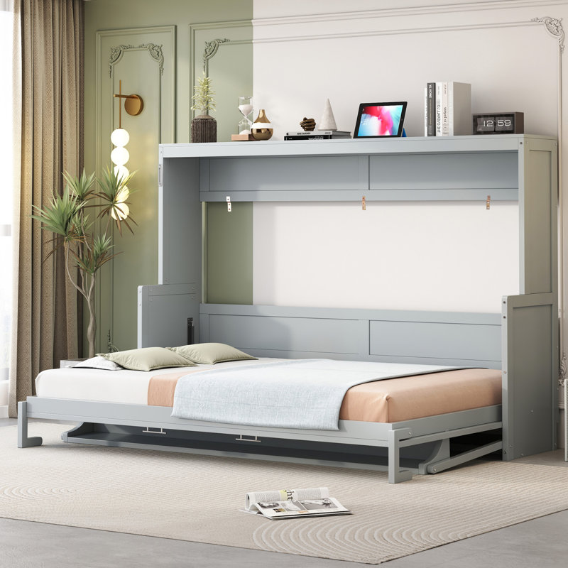 Grand lit gris avec charnières de bureau hydrauliques, peu encombrant, construction, fonction de rangement pour matelas, système de pliage de sélection de 10 pouces, petites maisons, structure de 600 lb, fonction, convenable
