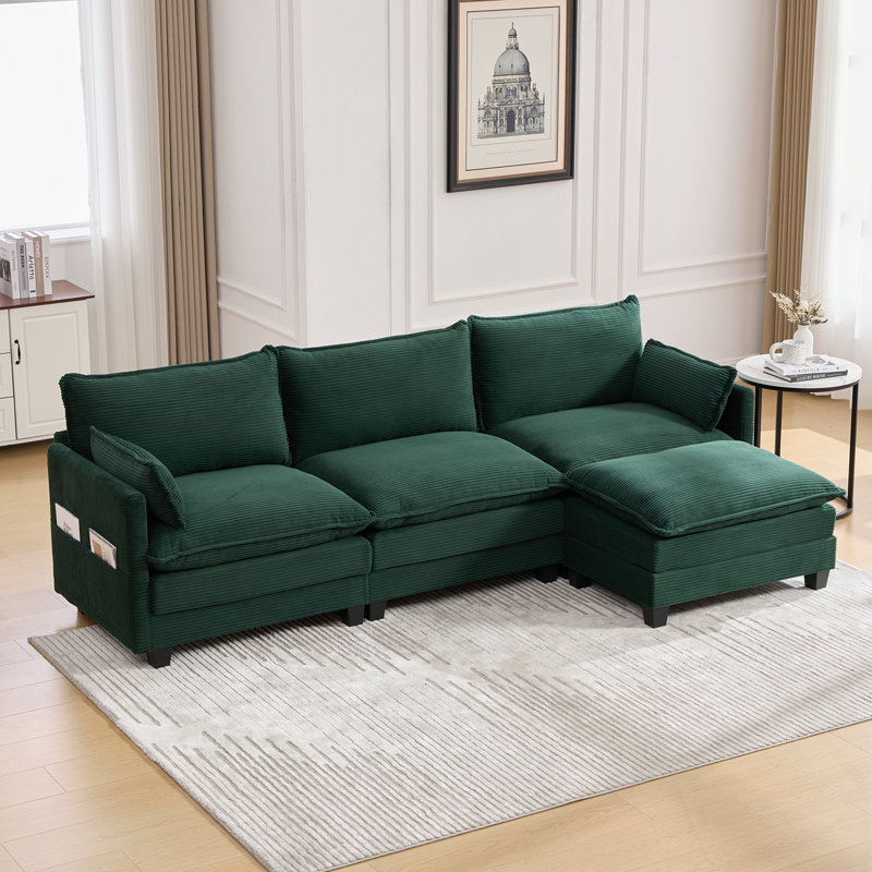 L Shaped Modular Sectional Sofa with Movable Ottoman and side pocket, Emerald