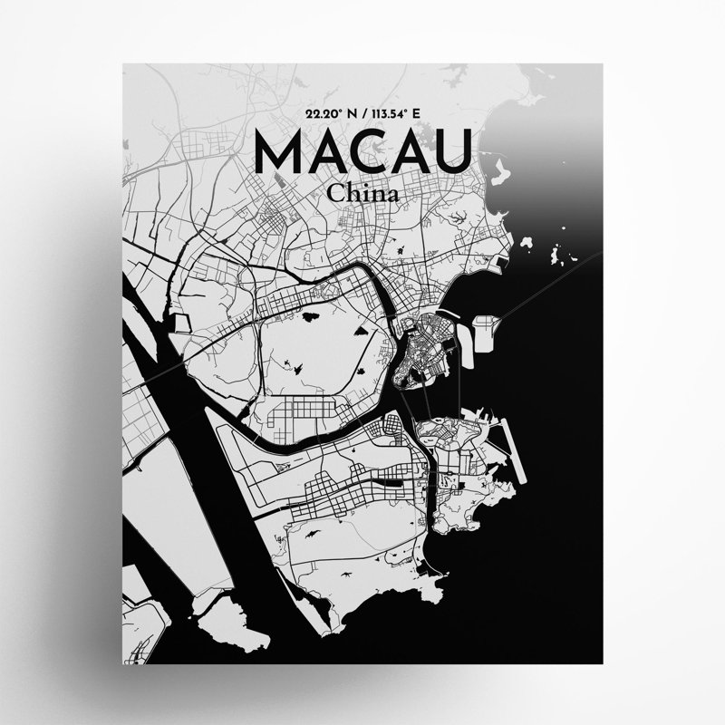 Macau, carte de la ville, impression, Noir / blanc, H 20 po x l 16 po