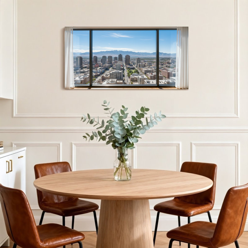 Vue de paysage urbain à travers une fenêtre avec rideaux Z251225161612195252, H 28 po x l 58 po
