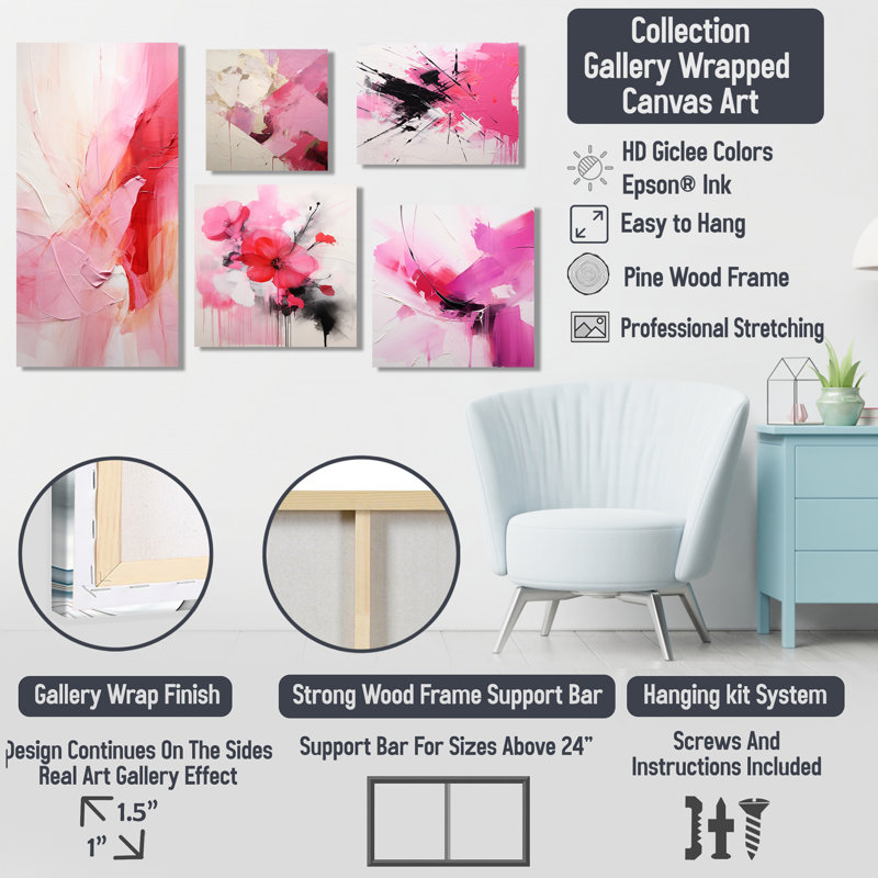 «Gold and Pink Minimal Abstract River I», ensemble d'art mural sur toile abstraite de 5, Toile tendue