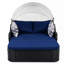 Lit de bronzage d'extérieur 79,9 po avec auvent réglable, lit double, lit de repos en rotin PE, osier noir et coussin bleu