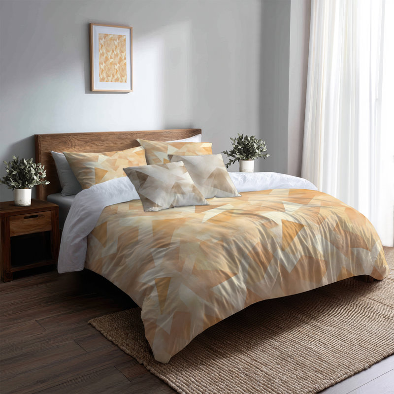 Ensemble de literie à motif géométrique 5 pièces - Housse de couette et coussin décoratif Modern Beige Angles