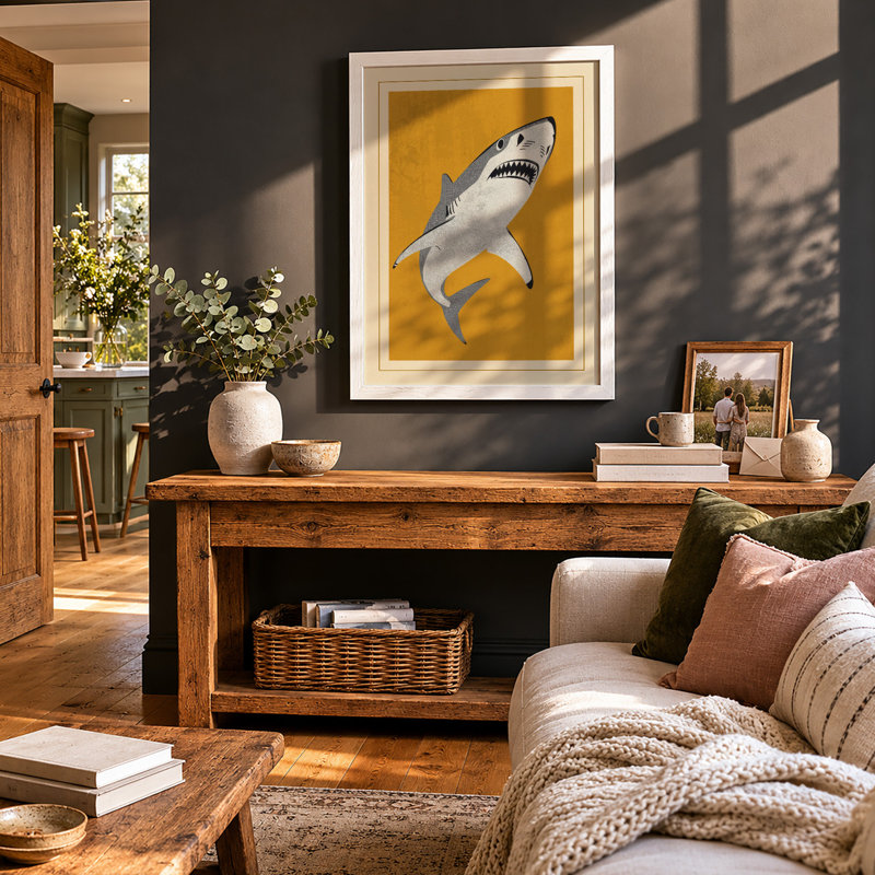 Great White Below Mid-Century - Framed Print, A4 - 29.7 x 21.0 cm, White