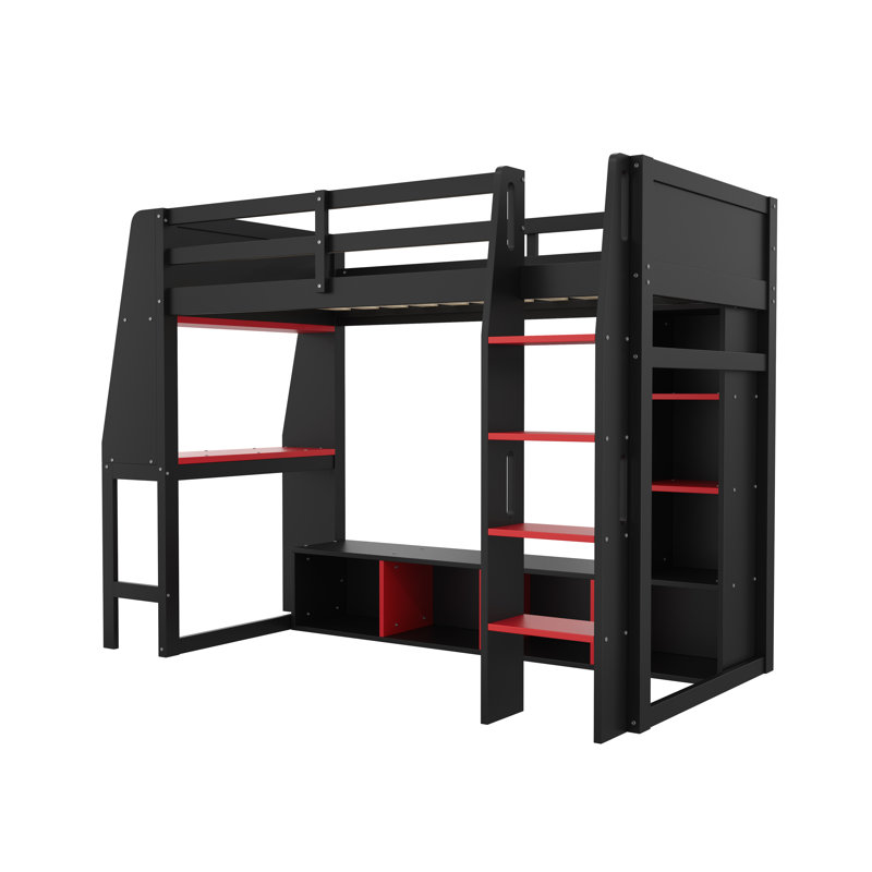 Lit mezzanine avec bureau en bois, Noir, Lit simple