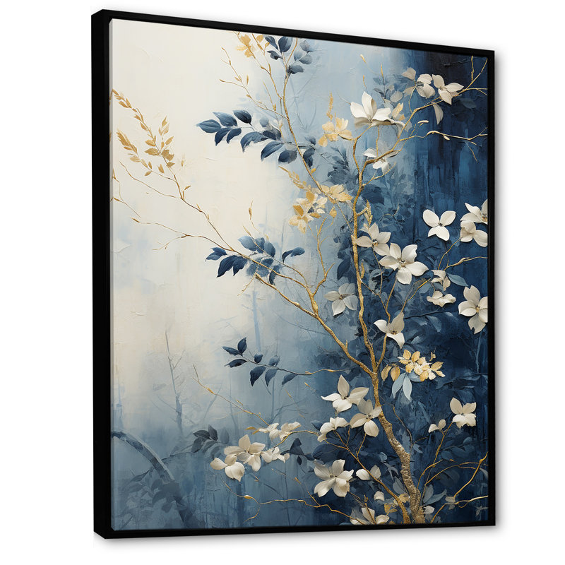 «Abstract Gold and Blue Botanical», reproduction sur toile, Cadre flottant noir, H 20 po x l 12 po x P 1 po