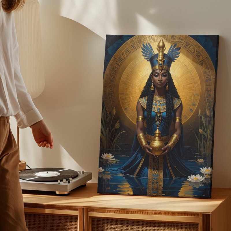 Toile, "Divine Reflection", déesse égyptienne avec coiffe dorée et fleurs de lotus, H 11 po x l 14 po