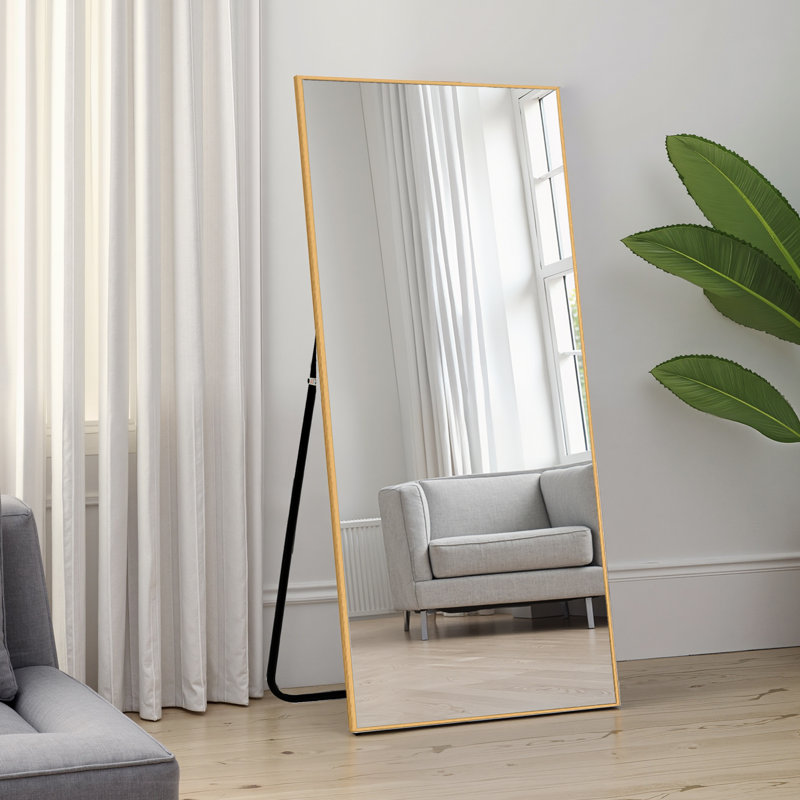 Miroir mural moderne en métal pleine longueur avec support mural, 71 po x 31 po, Doré