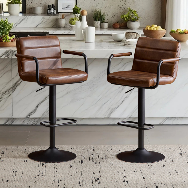  Modern Adjustable Swivel Bar Stools with High Back, Faux Leather Upholstered Counter Height Chairs (Set of 2), Black Brown