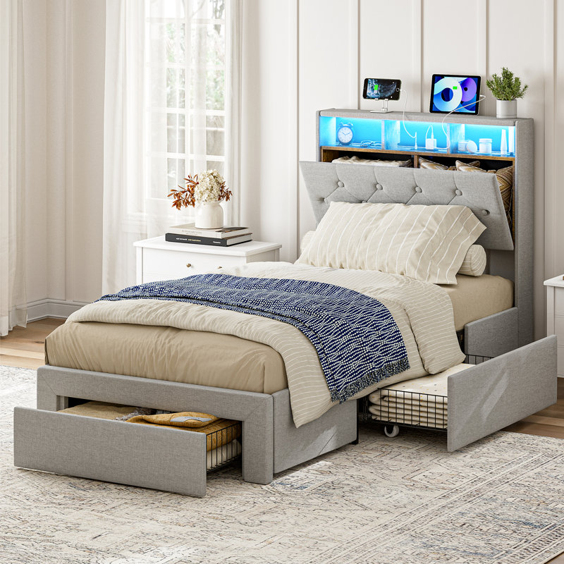 Twin Xl Bed Frames With 3 Storage Drawers, Hidden Storage Headboard With Led Lights & Charging Station, Upholstered Twin Xl Platform Bed, Solid Wood Slats, No Box Spring Needed, Noise Free, Light Grey