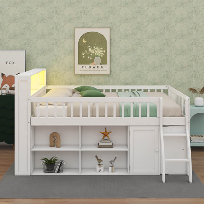 Full Low Loft Bed With Storage Headboard And LED Lights, Wooden Loft Bed Frame With Storage Shelves