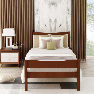 Solid Wood Twin Platform Bed With Headboard, Walnut Finish And Robust Slat Size Headboard Firm Construction