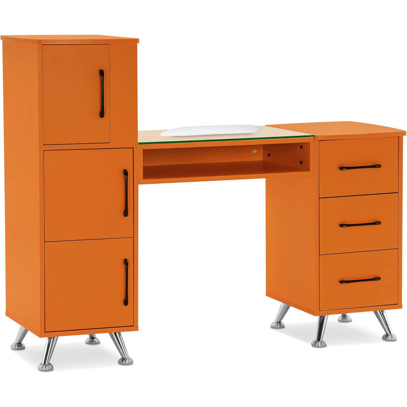 Classic Manicure Table with Glass Top, Nail Desk with Drawers, Vanity Makeup Desk